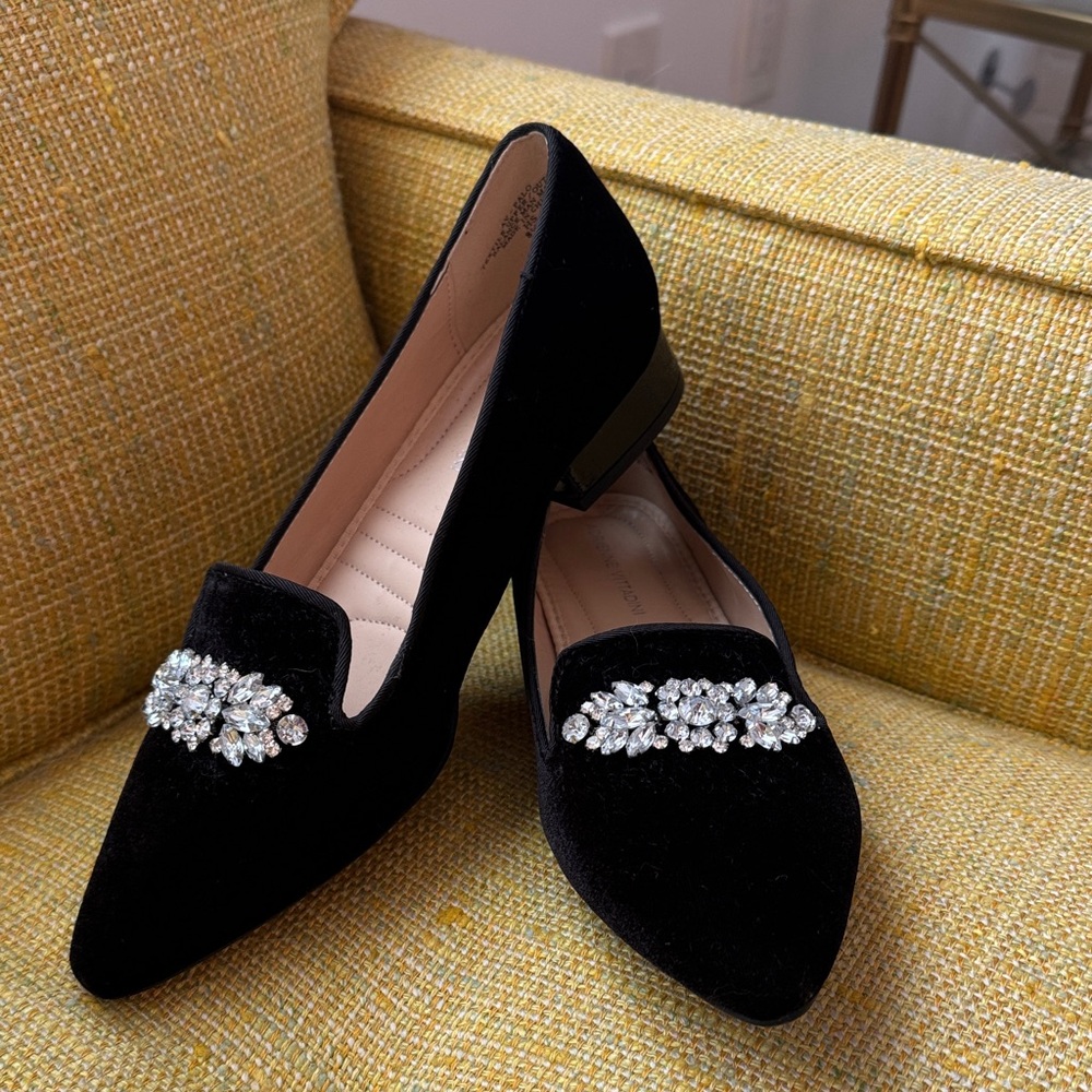 Adrienne Vittadini Black Velvet Loafers with Embellishments